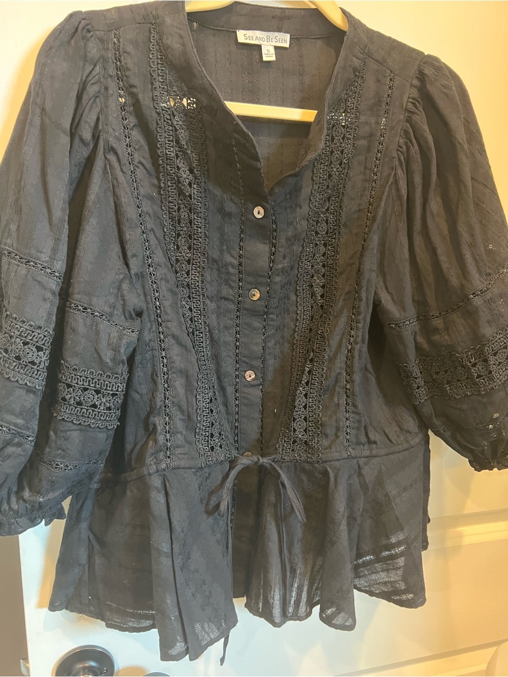See and Be Seen Black Lace-Trim Peplum Button-Front Tunic
